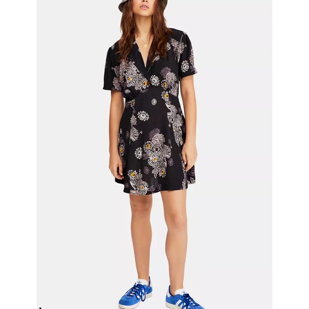 Free People Hawaii Floral Print V-Neck Mini Dress, Black Purple,‎ M